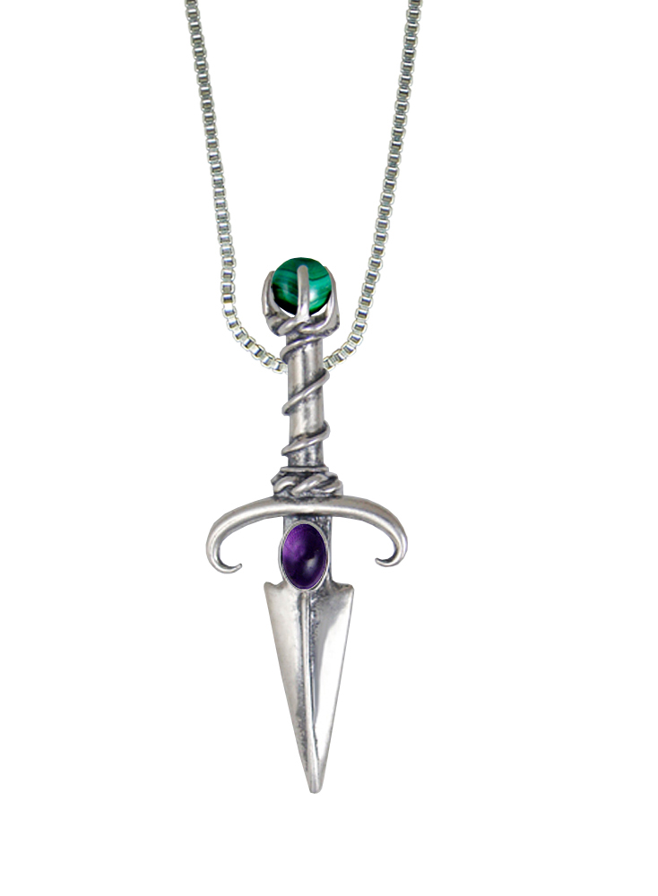 Sterling Silver Black Prince's Knife Dagger Pendant With Amethyst And Malachite